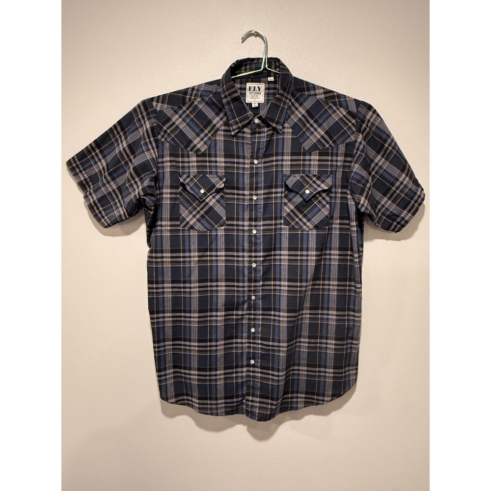 Ely Cattleman Mens Navy Blue Plaid Short Sleeve Pearl Snap Western Shirt XLT